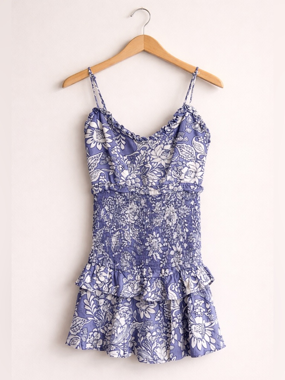 NWT Hello Molly On The Moon Dress Blue White Floral Smocked Ruffle Size Small - Picture 2 of 8